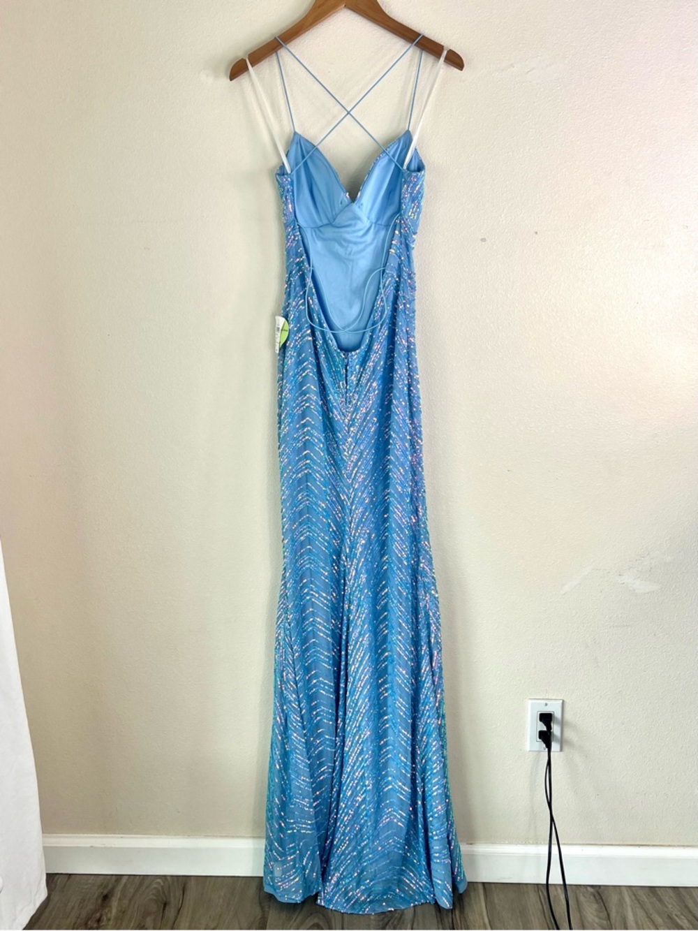 NEW Windsor Blue Sequin Mermaid Gown with Spaghetti Straps Open Back Large - Picture 8 of 11
